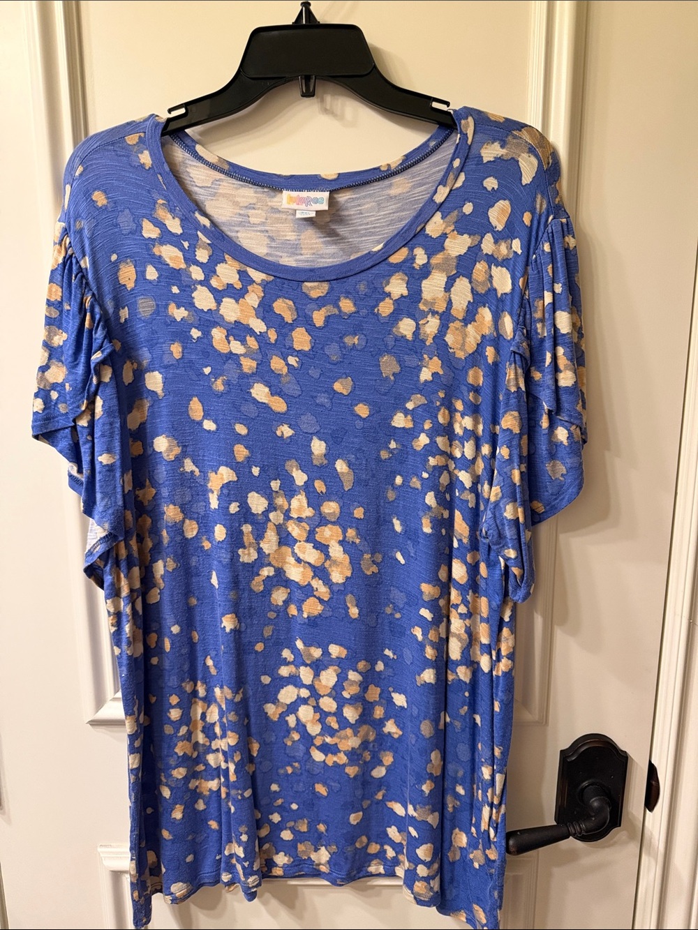 LuLaRoe Blue Short Sleeve Olive Top with Cream and Tan Spots